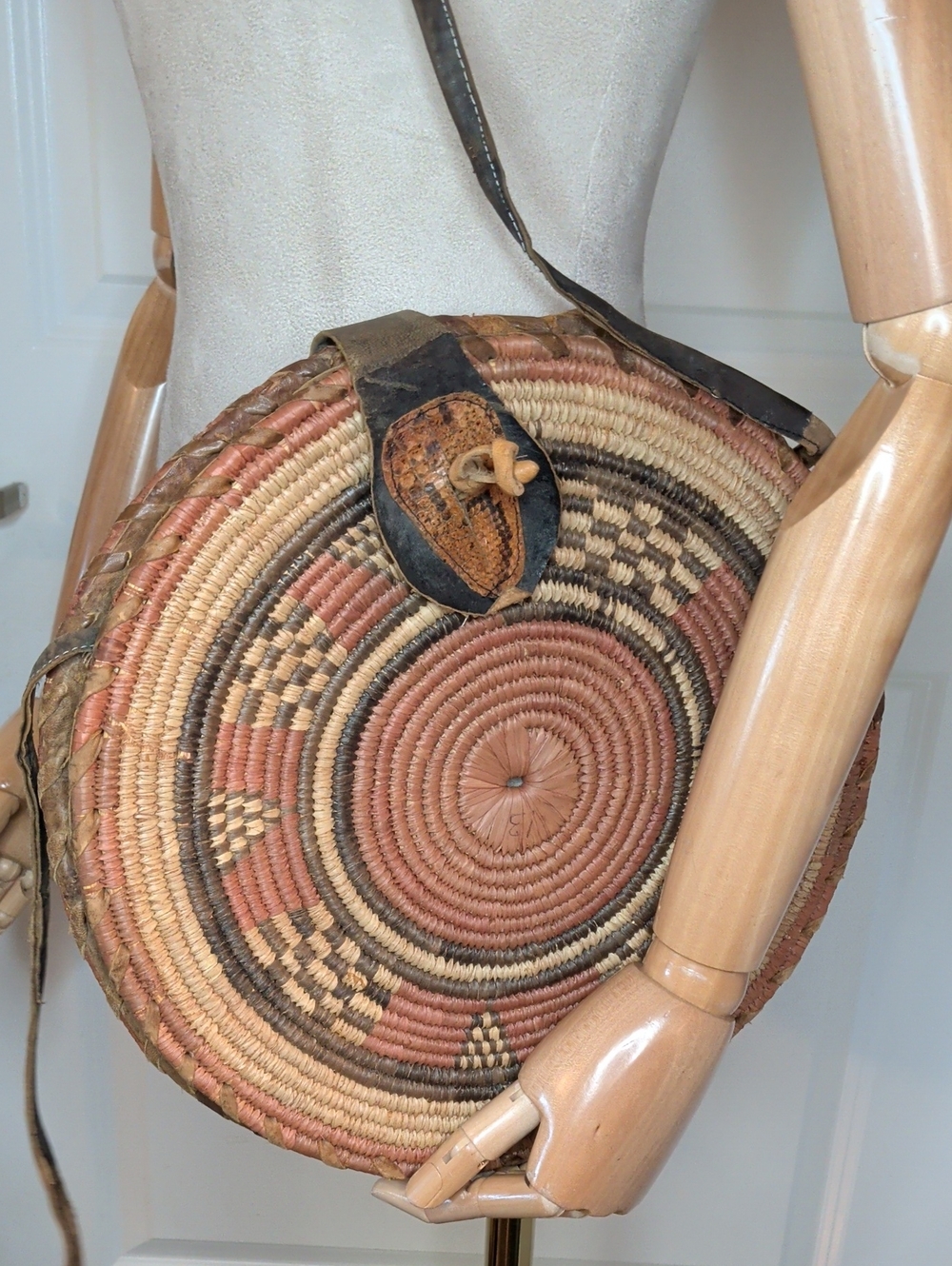 Vintage 60s Boho Round Basket Purse Leather Whip Stitching African Tribal